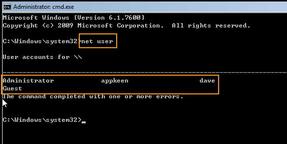 list all windows 7 user account with command
